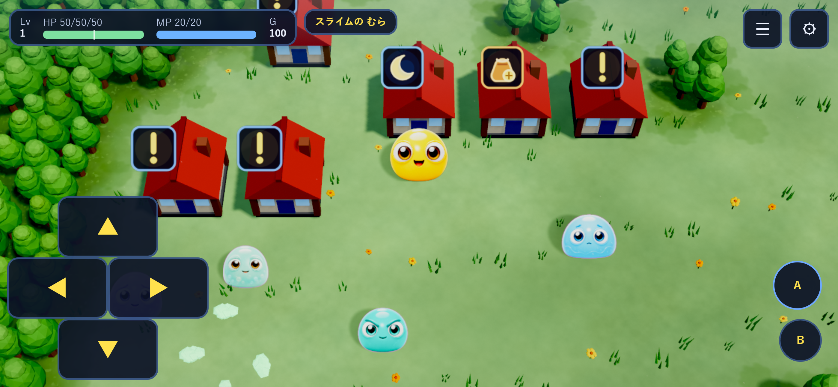 SLIME WORLD mobile landscape field screen showing Gelime exploring a slime village with touch controls